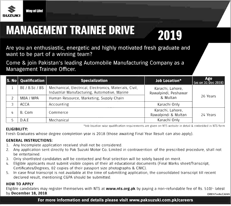 Pak Suzuki Management Trainee Program Jobs 2024 NTS Application Form Eligibility Criteria