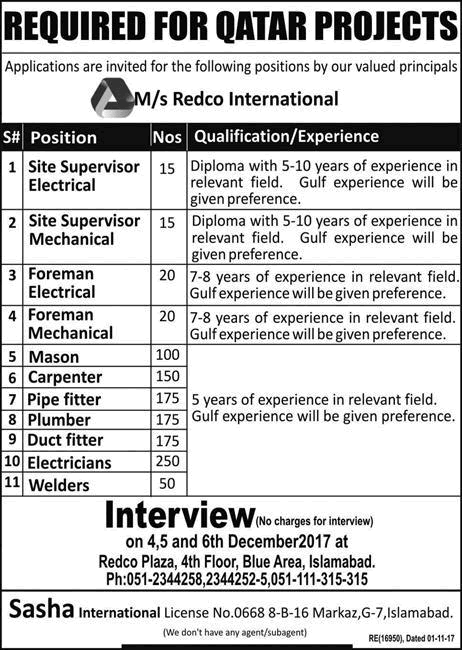 Redco International Qatar Jobs 2024 Walk in Interview Qualification Experience