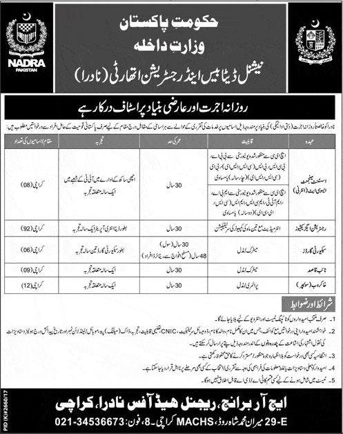 National Database And Registration Authority Karachi Jobs 2024 Application Form