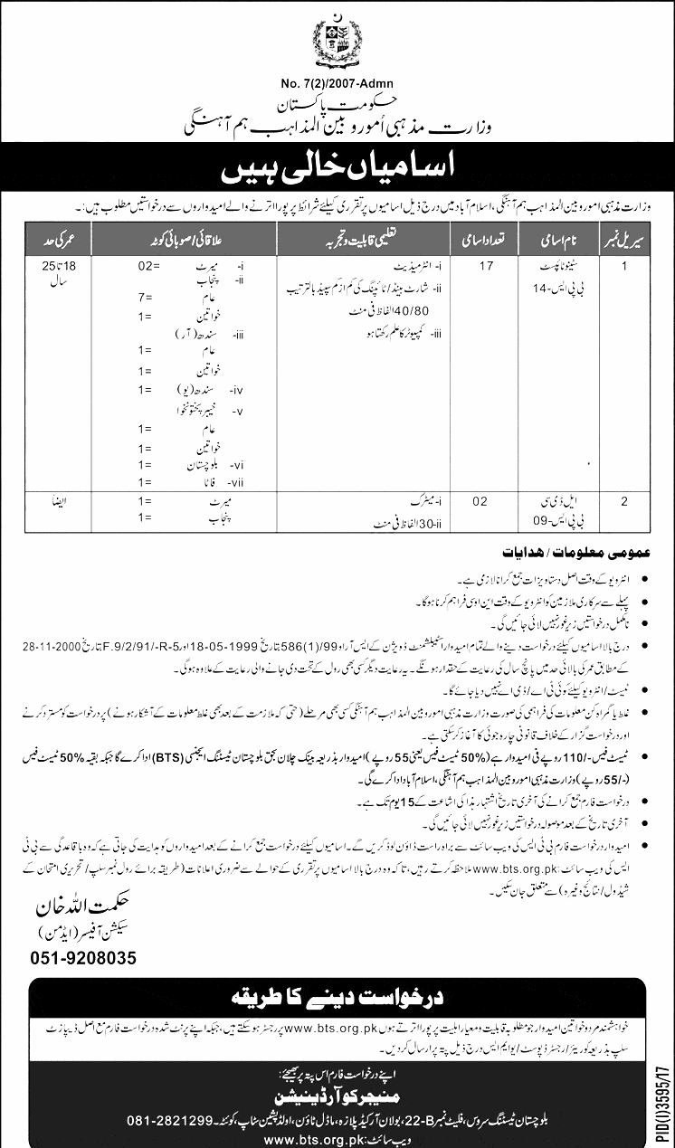 Ministry Of Religious Affairs Pakistan Jobs 2024 Application Form