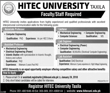 HITEC University Taxila Jobs How To Apply