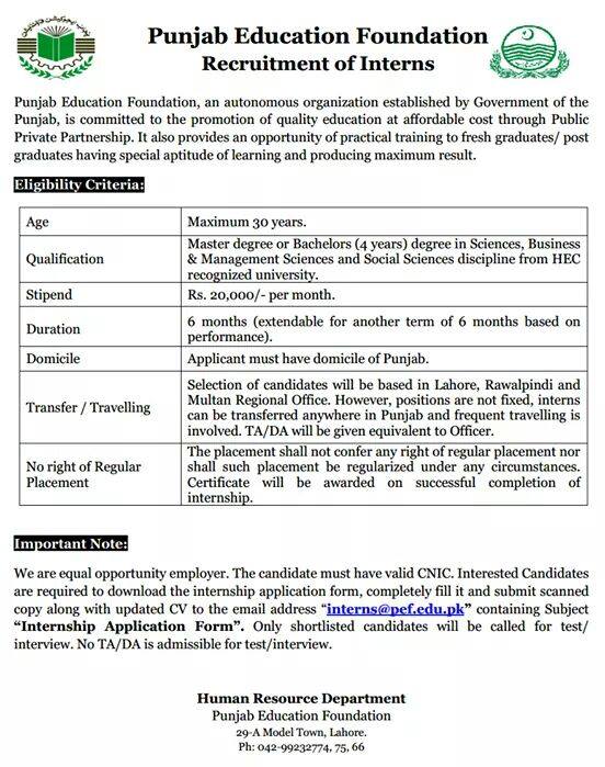 Punjab Education Foundation PEF Internships 2024 How to Apply