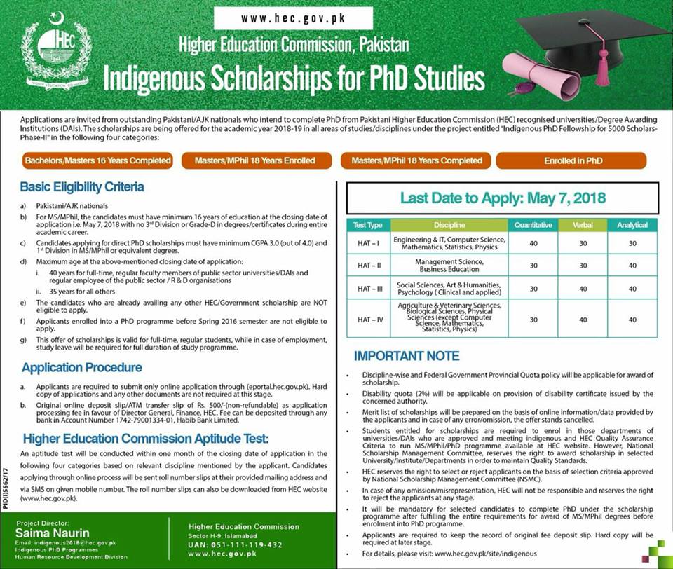 Higher Education Commission HEC Indigenous Scholarships PhD 2024 Online Registration