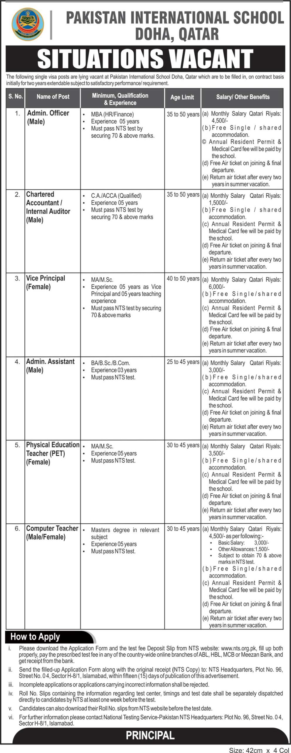 Pakistan International School Doha Qatar Jobs NTS Screening Test 2024 Application Form