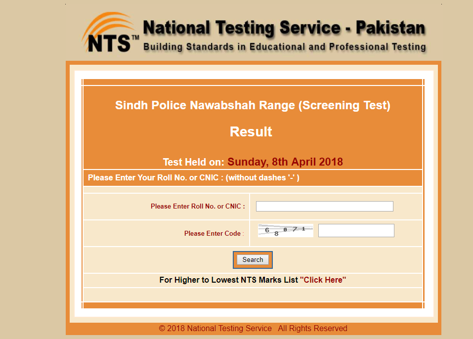 Sindh Police Nawabshah Range Jobs NTS Screening Test Result 2024 Interview Schedule