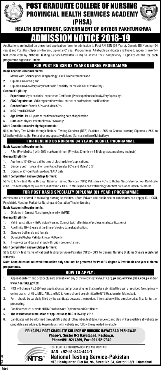 Post Graduate College Nursing PGCN KPK Admission NTS Test 2024 Application Form