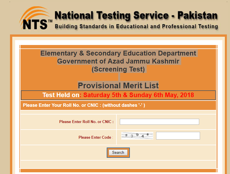 Azad Jammu Kashmir E&SED NTS Screening Test Provisional Merit List 2024 Online Check