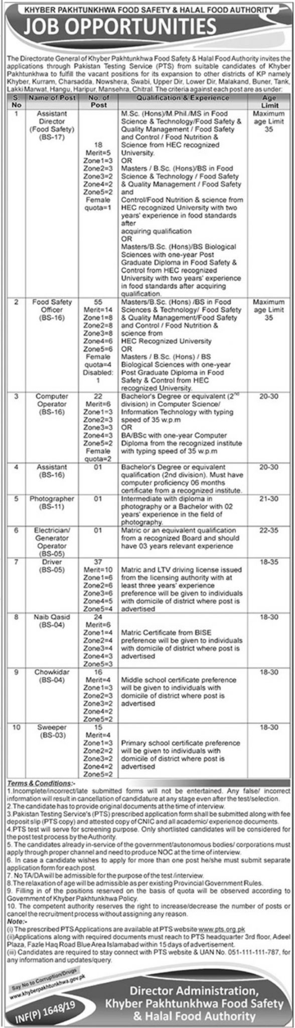 Food Safety and Halal Food Authority KPK Jobs 2024 PTS Test Application Form Roll Number Slips