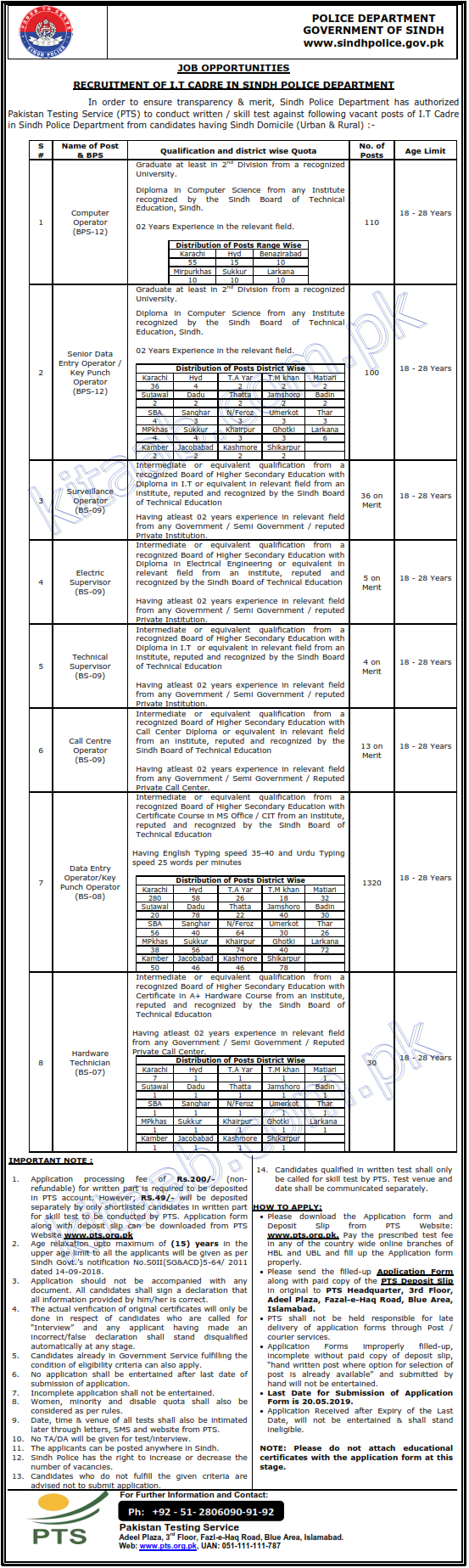 Sindh Police Department Information Technology Cadre Jobs 2024 PTS Application Form Roll Number Slips Last Date