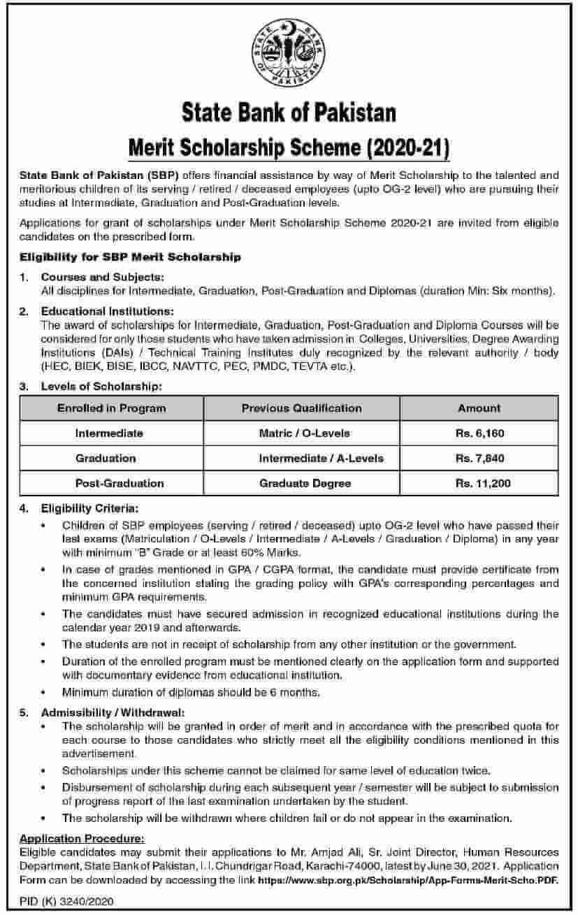 Employees Children Merit Scholarship Scheme 2024 SBP Bank Application Form Eligibility Criteria