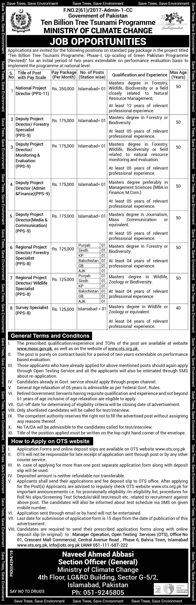 Ministry of Climate Change Pakistan OTS Jobs 2024 Online Application Form Eligibility Criteria Last Date