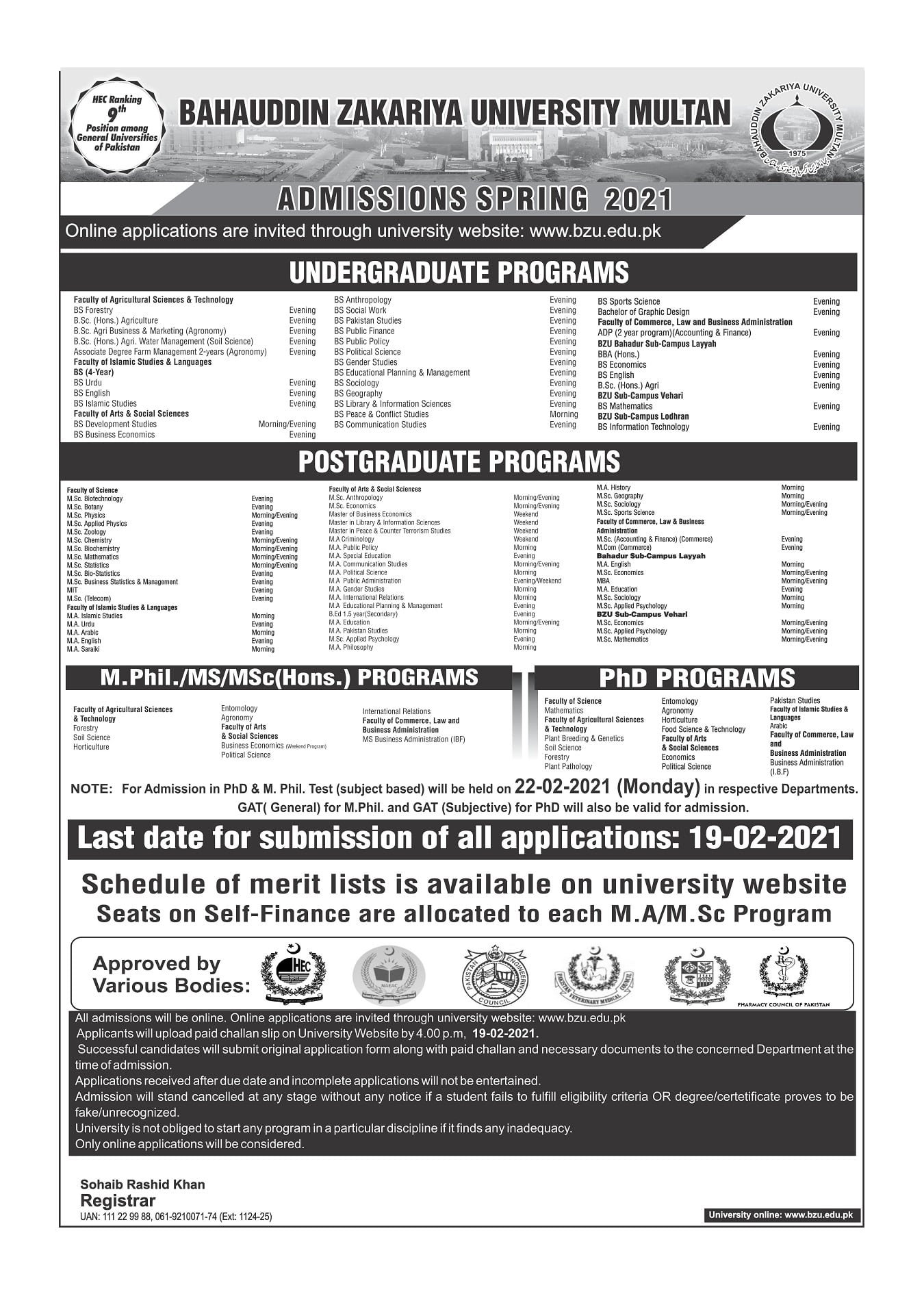 Bahauddin Zakariya University Admission 2024 Registration Schedule Eligibility Criteria