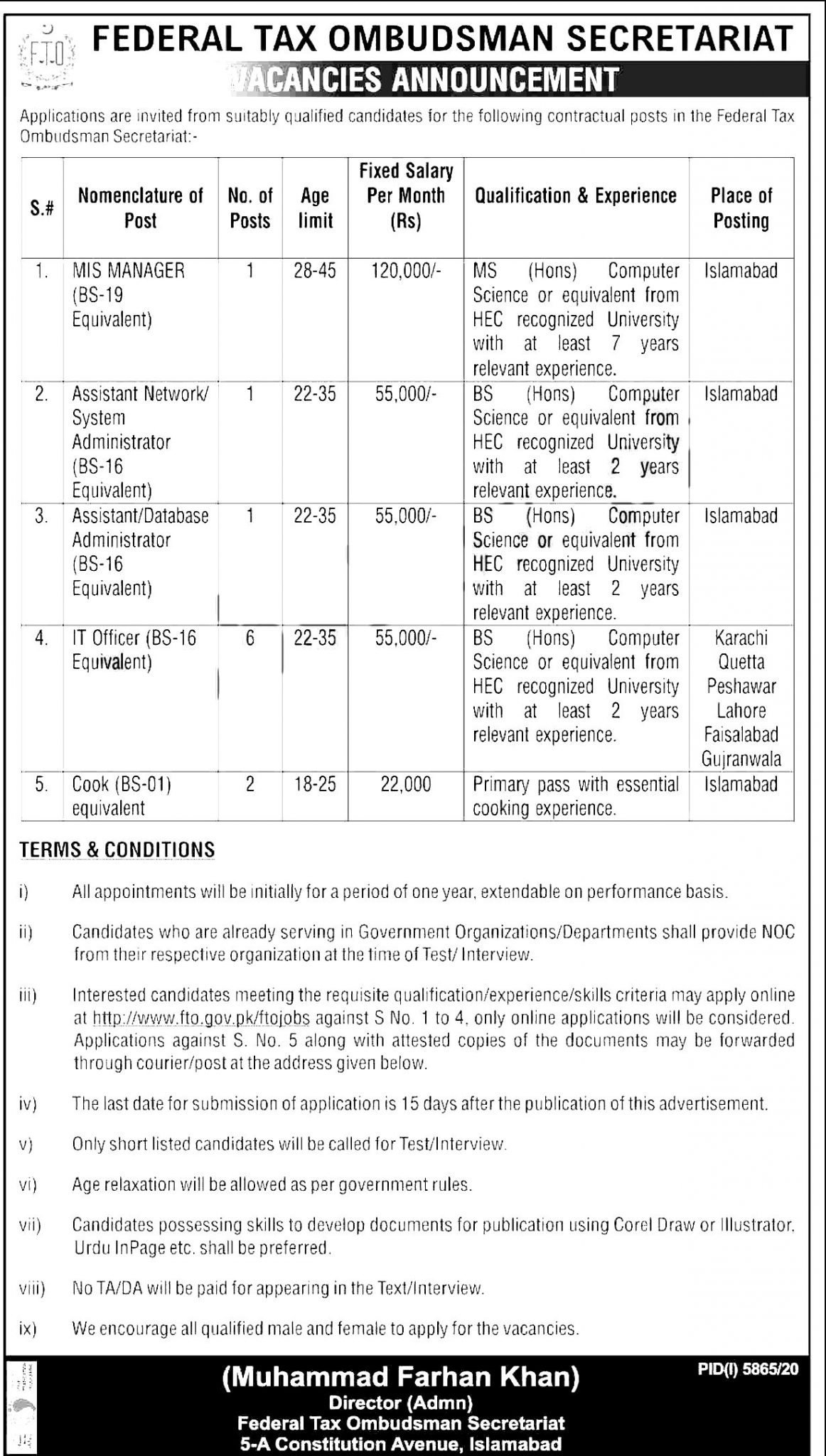 Federal TAX Ombudsman Secretariat Islamabad Jobs 2024 Application Form Eligibility Criteria