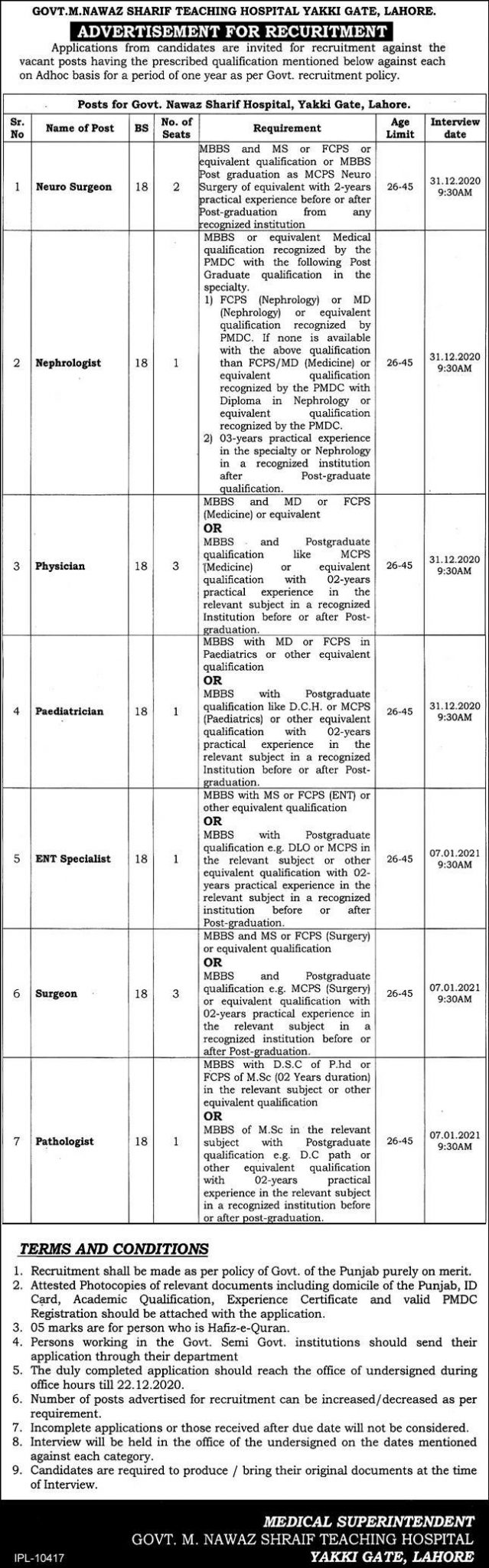  Govt M.Nawaz Sharif Hospital Yakki Gate Lahore Jobs 2024 Application Form Eligibility Criteria