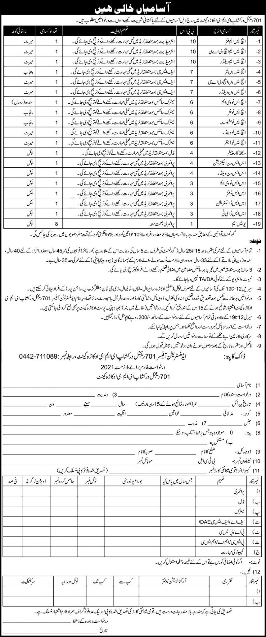 Pak Army EME 701 Regional Workshop Jobs 2024 Okara Application Form Eligibility