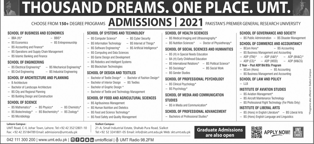 UMT University of Management and Technology Graduate Admission 2024 Entry Test Application Form Last Date