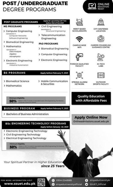 Sir Syed University of Engineering and Technology SSUET Karachi Admission 2024 Eligibility Criteria Dates