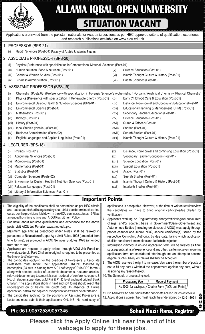 Allama Iqbal Open University AIOU Islamabad Jobs 2024 Registration Form Dates of Submission Eligibility