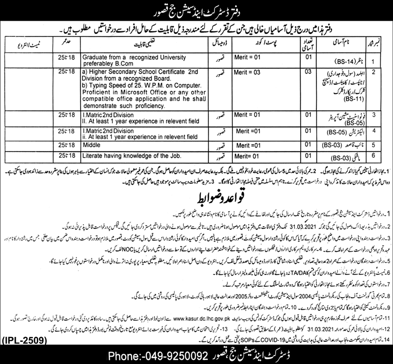 District & Session Judge Office Kasur Jobs 2024 Application Form Qualification Test & Interview