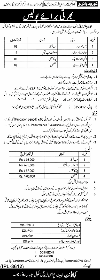 Elite Police Force Training School Lahore Jobs 2024 Registration Form Dates and Schedule For Constable and Assistant Sub Inspector