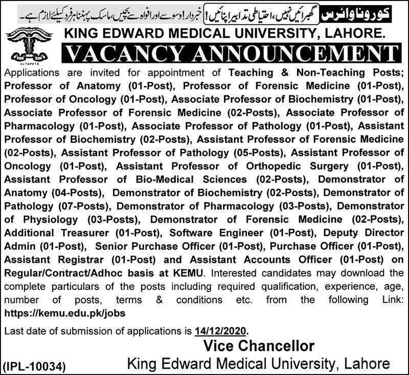 King Edward Medical University KEMU Lahore Jobs 2024 Application Form Schedule