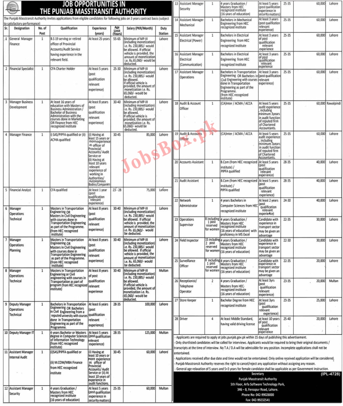 Punjab Mass transit Authority Lahore Jobs 2024 Last Date to Apply Form Required Qualification and Documentations