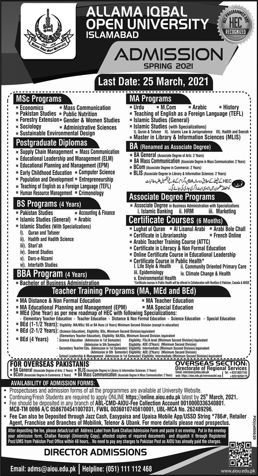 Allama Iqbal Open University Admission Spring 2024 Dates and Schedule Fees Subjects