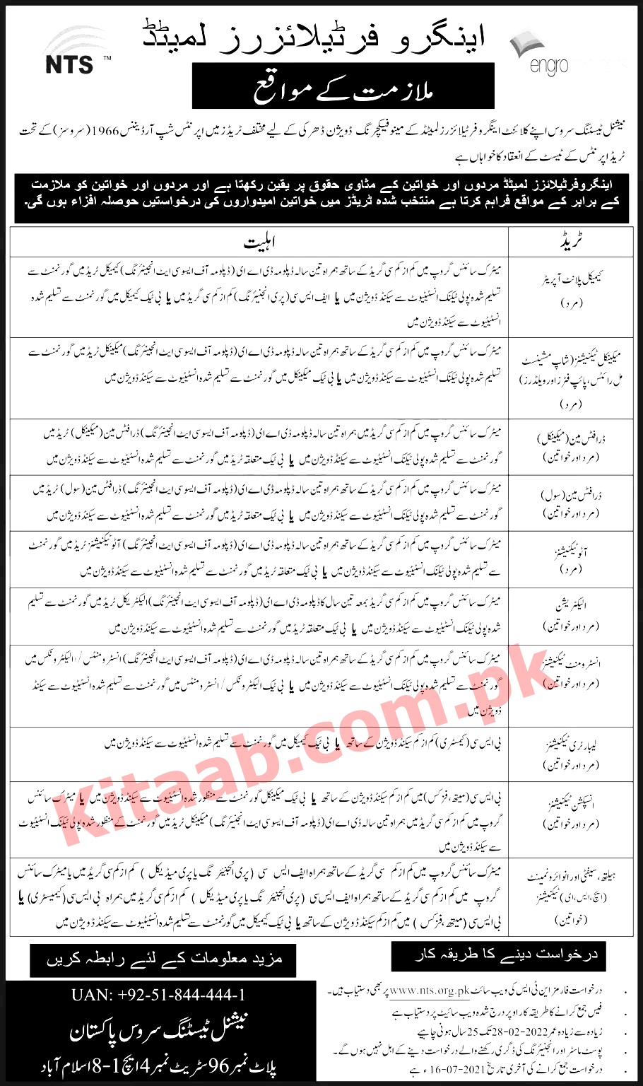 Engro Fertilizers Limited Trade Apprentices Jobs 2024 NTS Test Form Dates Schedule