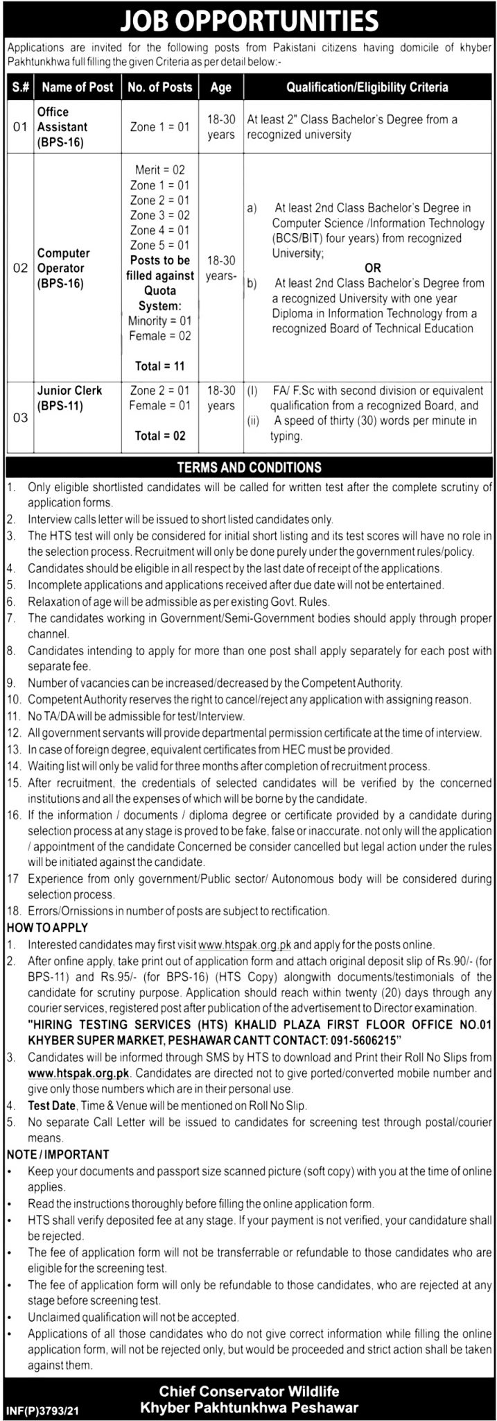 Wildlife Department Khyber Pakhtunkhwa HTS Jobs 2024 Online Application Form Eligibility Criteria