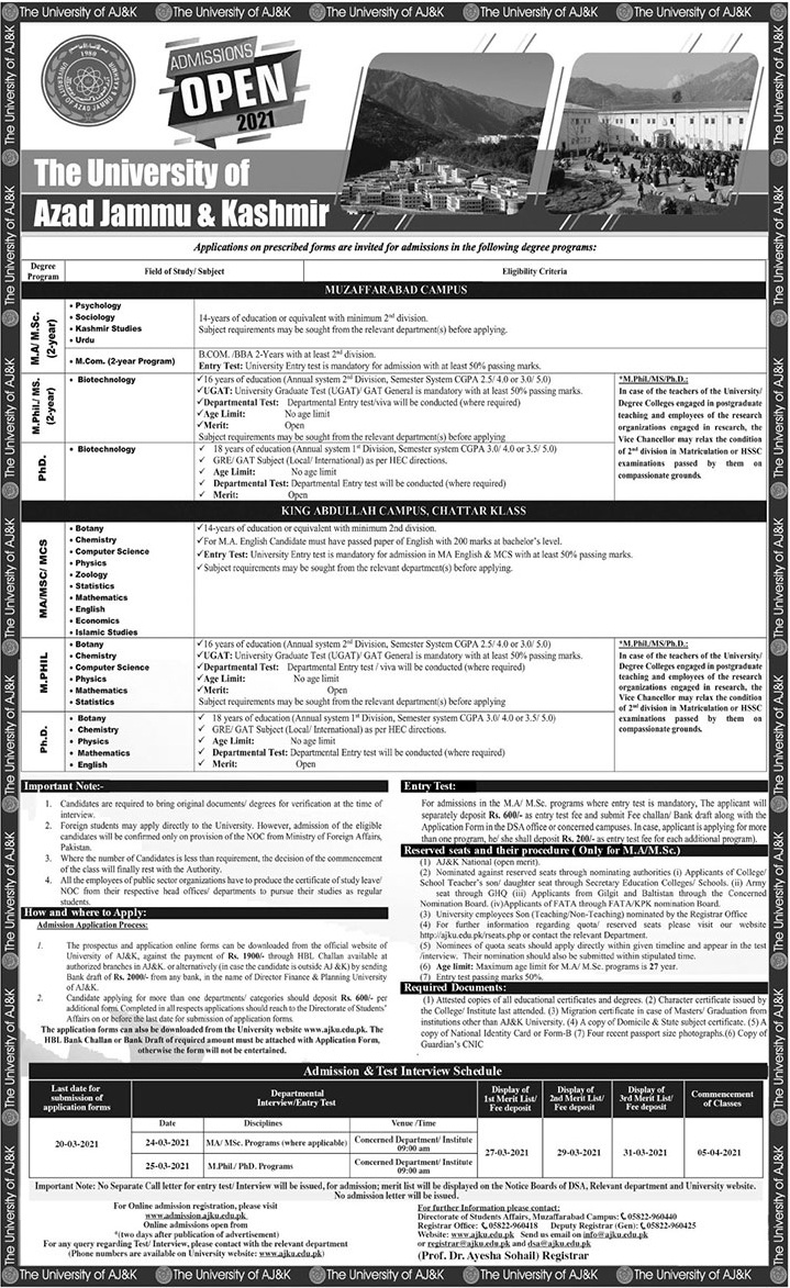 AJK University Azad Jammu Kashmir Admission 2024 Dates and Schedule