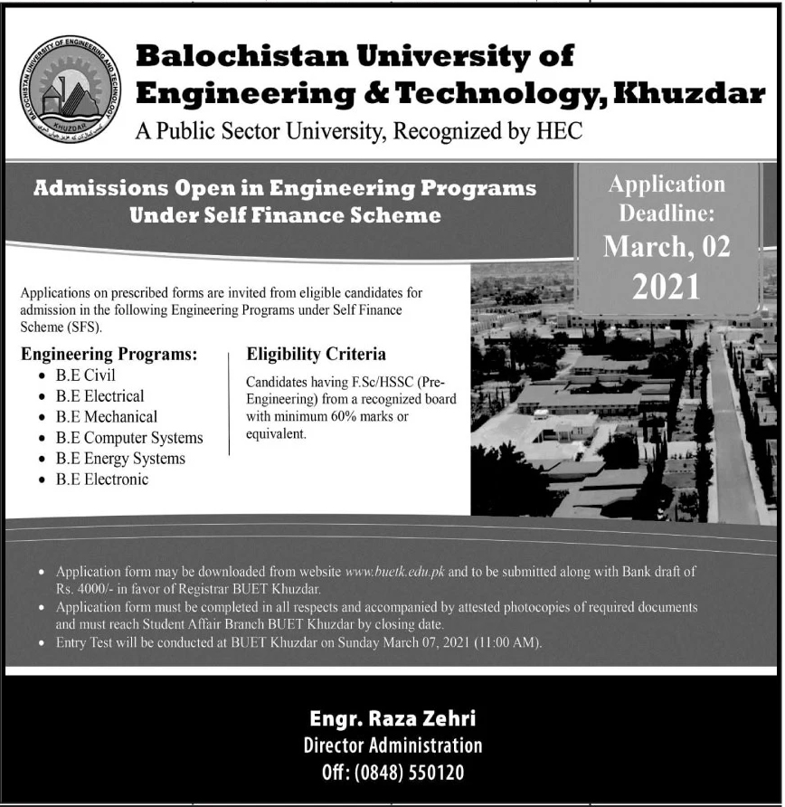 Balochistan University of Engineering and Technology Khuzdar Admission 2024 Eligibility Criteria Form