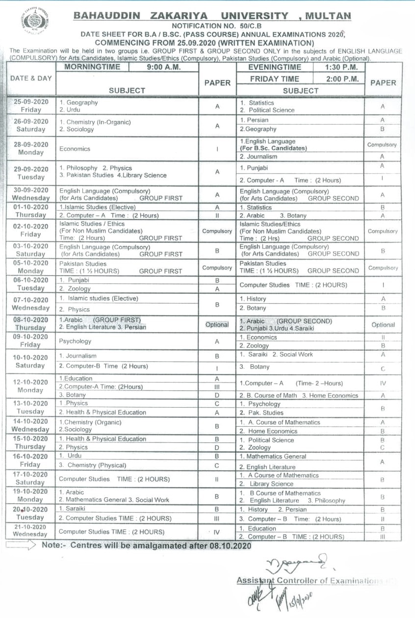 BZU Multan BA BSc BCom Date Sheet 2024 Announced Bahauddin Zakariya University Annual Exams Schedule