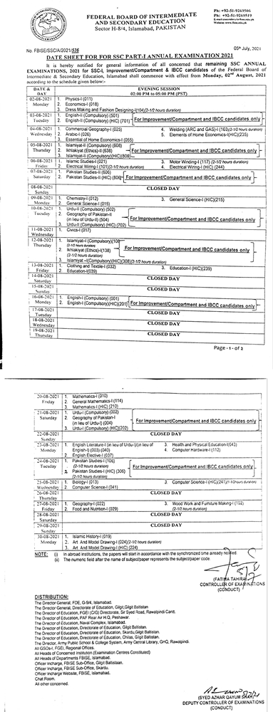 FBISE Federal Board 9th Class Roll Number Slips 2024