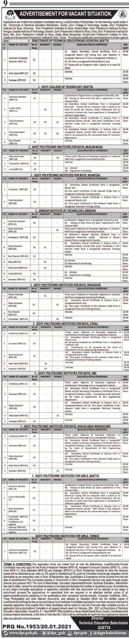 Technical Education and Vocational Training Authority TEVTA Balochistan Jobs 2024 Application Form Last Dat