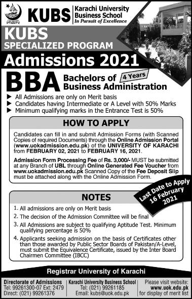 University of Karachi Admissions 2024 Evening Programs Eligibility Criteria