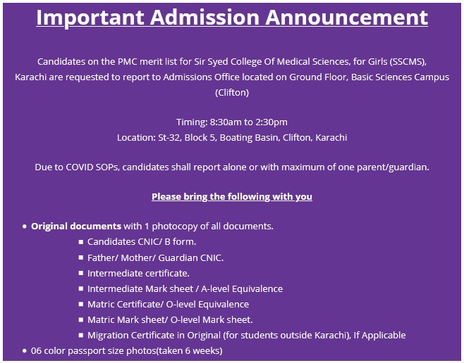 Sir Syed College of Medical Science for Girls Karachi Admission 2024 MBBS BDS Application Form Procedure to Apply Medical College in Sindh