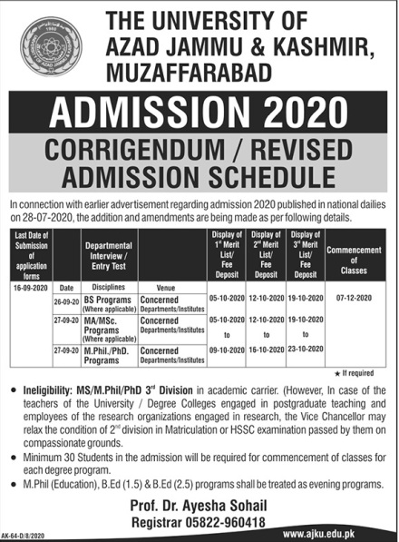 AJK University Azad Jammu Kashmir Admission 2024 MA MSc Online Registration Procedure