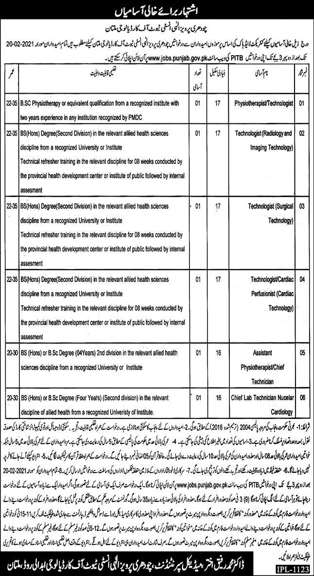 Chaudhry Pervaiz Elahi Institute of Cardiology Jobs 2024 Online Apply Eligibility Criteria