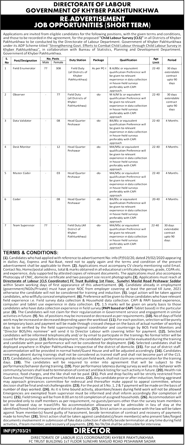 Child Labour Survey CLS Directorate of Labour KPK Jobs 2024 Application Form Last Date