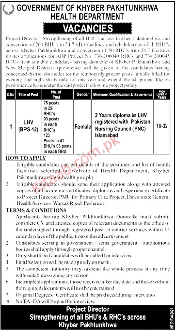 Health Department KPK Lady Health Visitors LHV Jobs 2024 Application Form Last Date