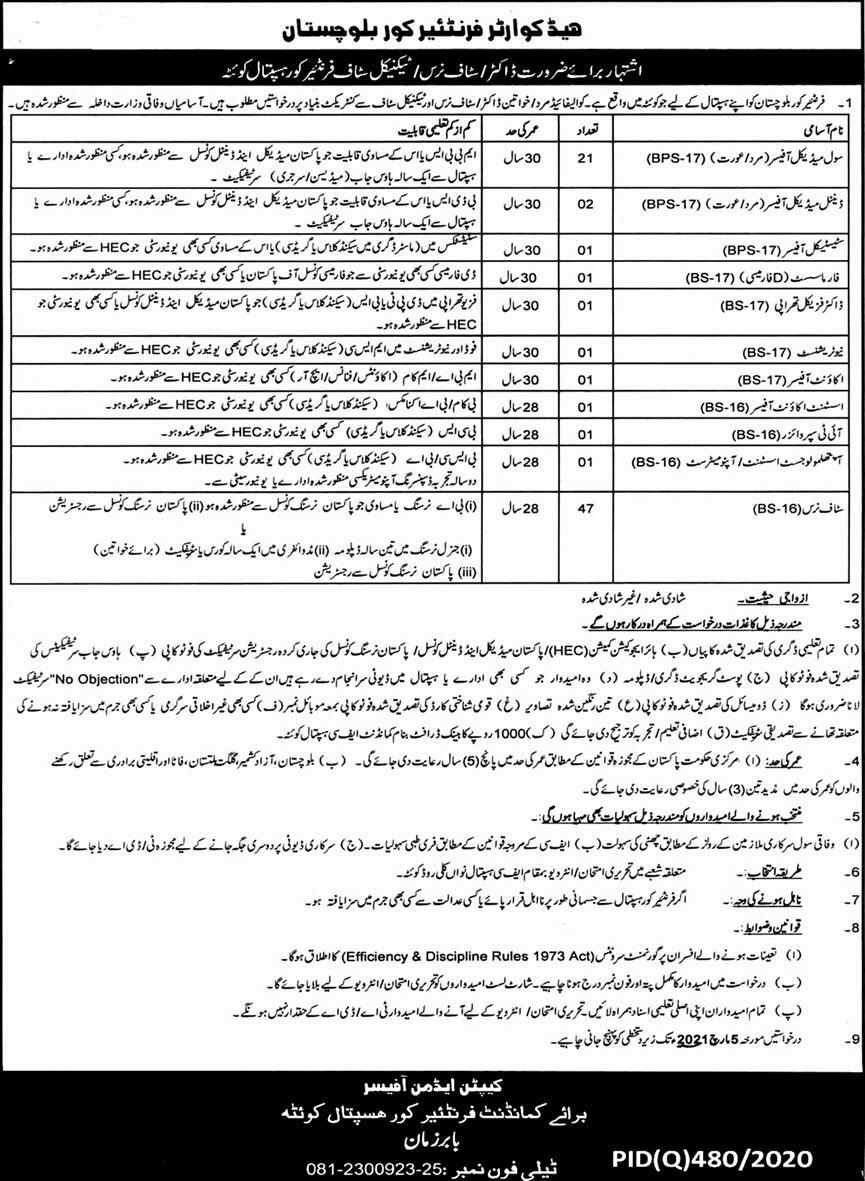 Frontier Corps FC Hospital Quetta Jobs 2024 Application Form Eligibility Criteria