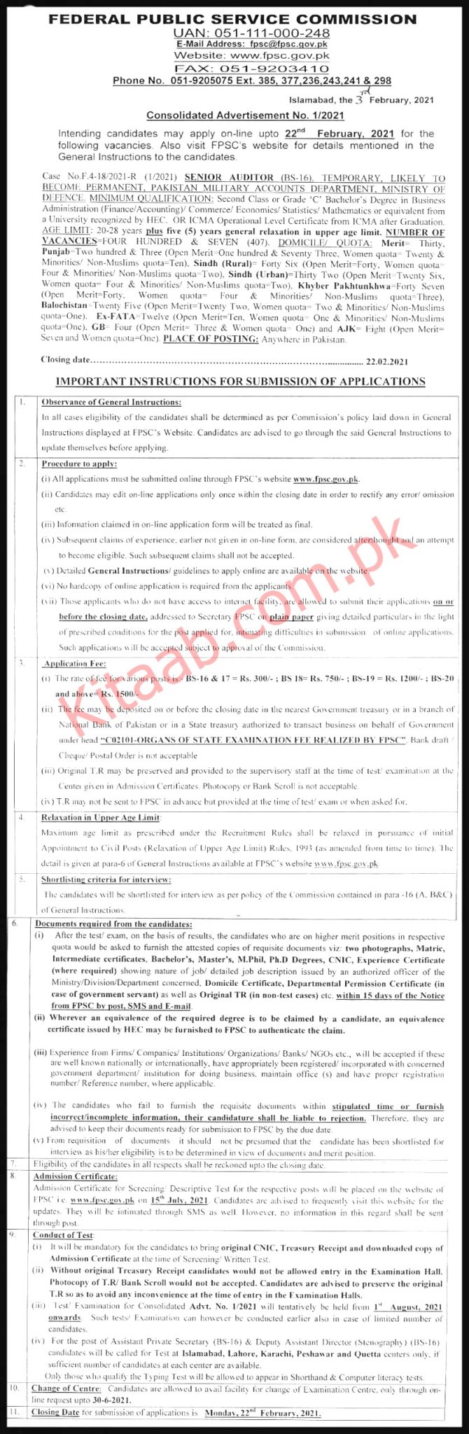 Pakistan Military Accounts Department, Ministry of Defence FPSC Jobs 2024 Online Apply Last Date