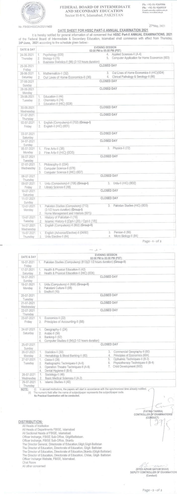 FBISE Federal Board Inter 11th, 12th Date Sheet 2024 FA/FSc Part 1/2 HSSC