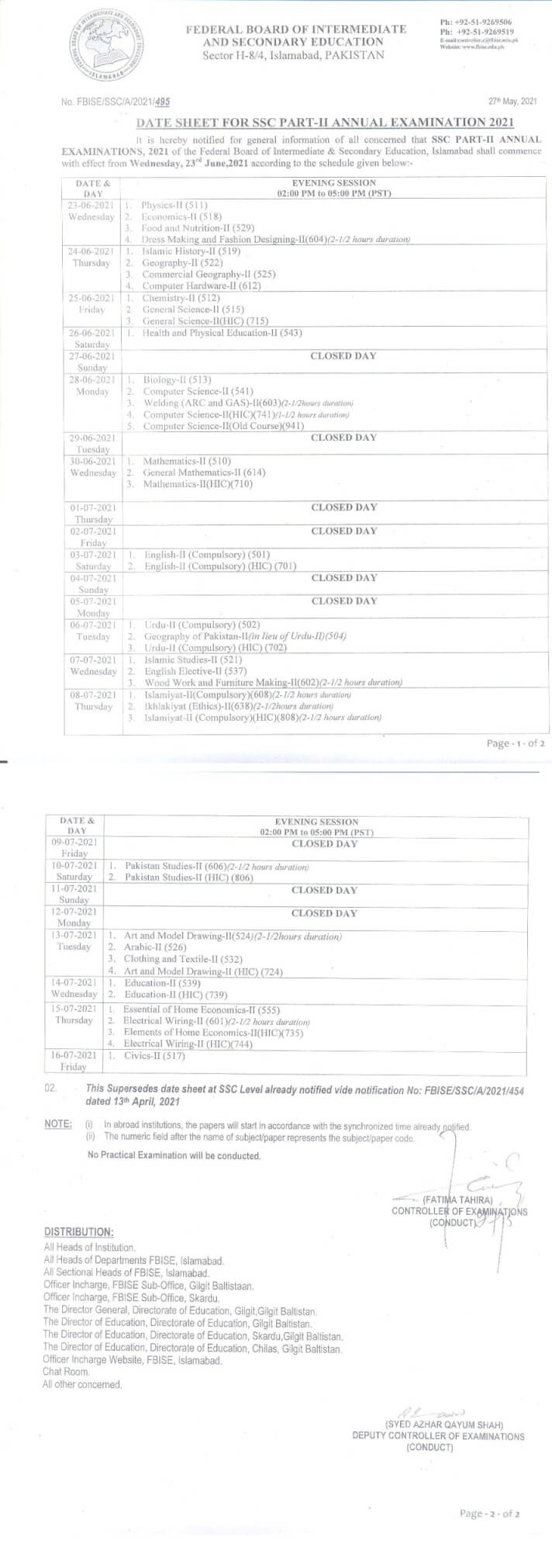 FBISE Federal Board Matric 9th 10th Class Dates Sheet 2024 Announced SSC Part 1, 2