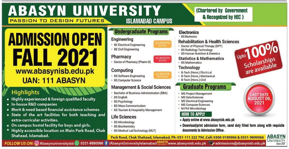 Abasyn University Islamabad Campus Admission 2024 Procedure Fee ...