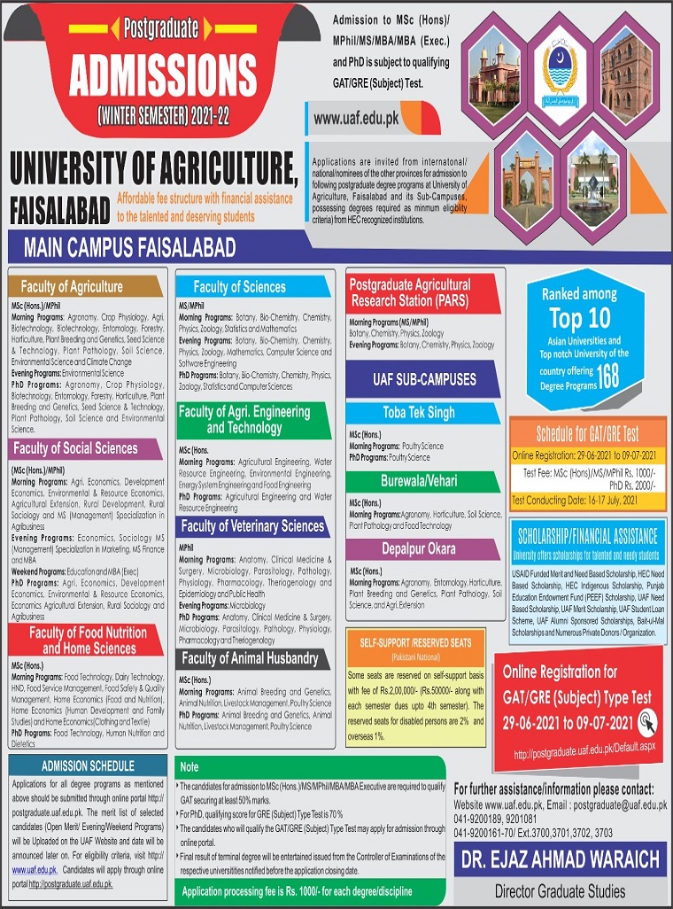 University of Agriculture Faisalabad UAF Admissions 2024 Schedule and Dates Form Undergraduate and Graduate Programs