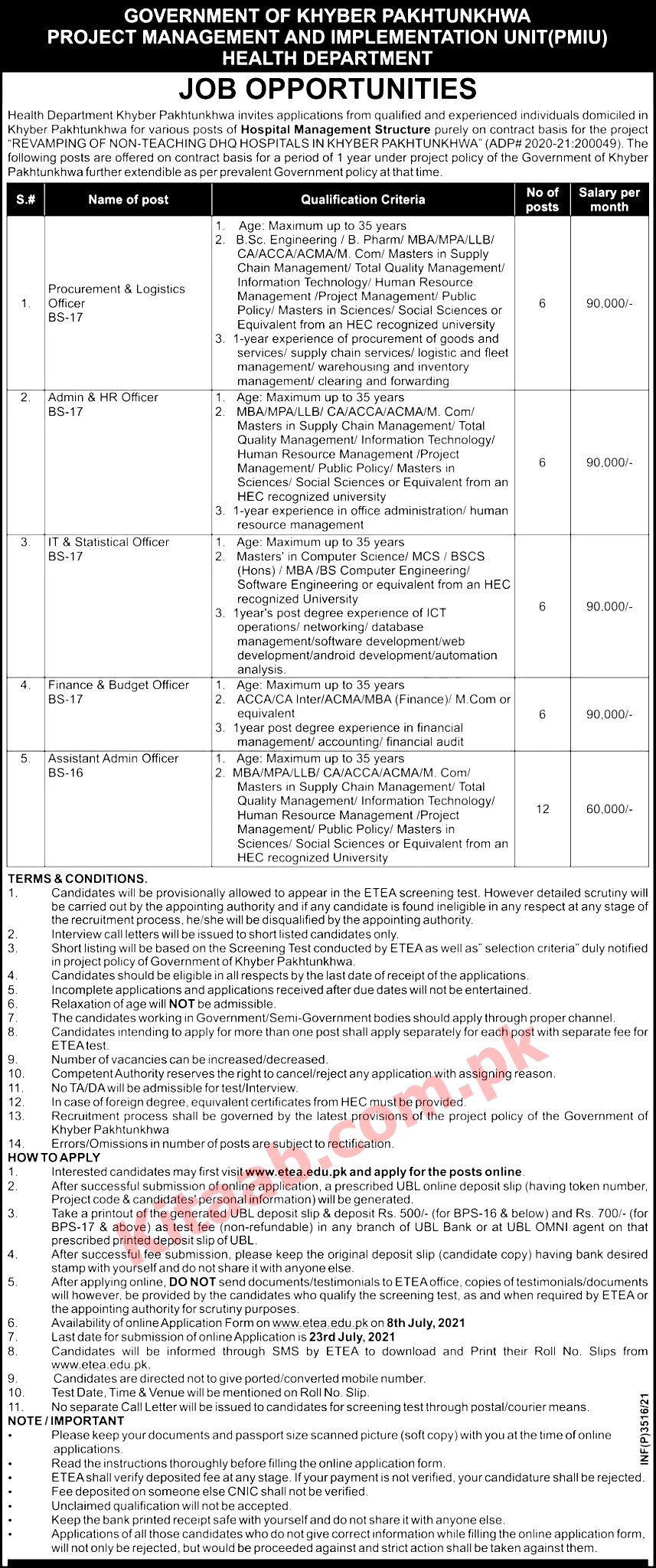 KPK Health Department PMIU ETEA jobs 2024 Online Apply Procedure Last Date