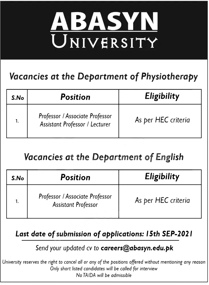 Abasyn University Peshawar Jobs 2024 Eligibility Criteria Last Date to Apply