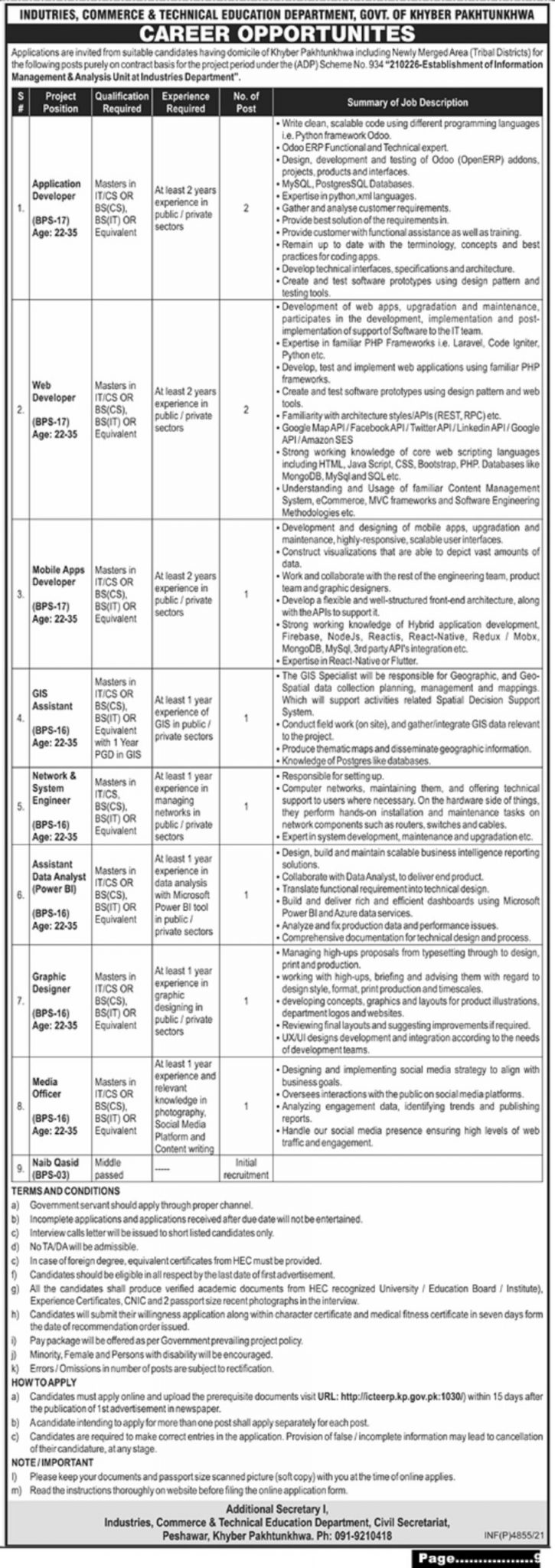 Industries Commerce and Technical Education Department KPK Jobs 2024 Apply Online Last Date