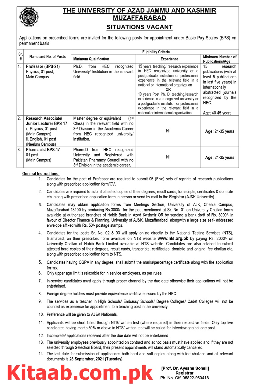 The University of Azad Jammu And Kashmir Muzaffarabad NTS Jobs 2024 Online Application Form Last Date